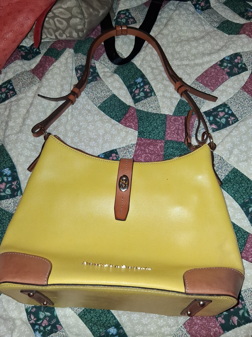 Dooney & Bourke Yellow Leather Shoulder Bag with Tan Trim